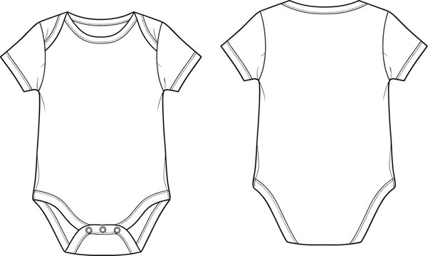 Baby onesie blueprint, front view, back view, short sleeves, snap closure, stitching detail, fashion sketch, technical drawing, flat vector illustration
