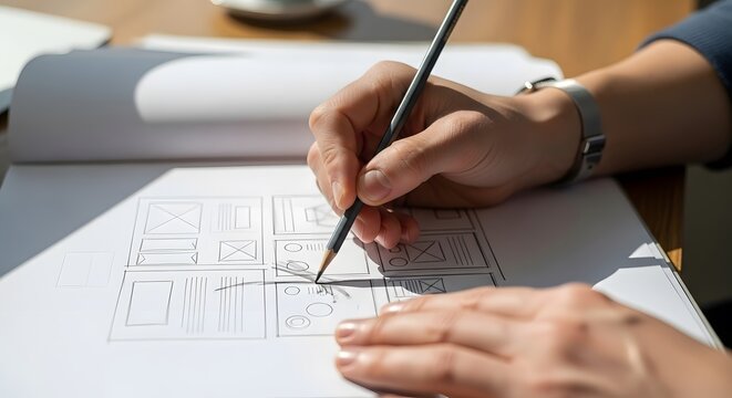 A person sketching a design plan with a pencil on paper in a creative workspace setting. - Powered by Adobe