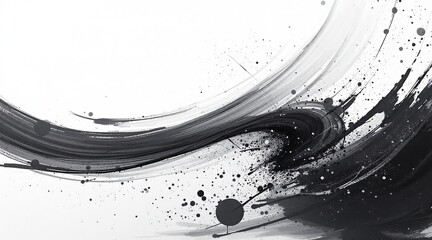 Dramatic Swirling Black Ink Splatter on Smooth White Background with Fine Droplets