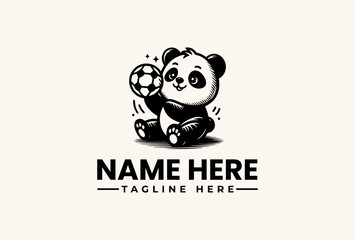 A black and white illustration of a panda bear holding a soccer ball with motion lines, sitting on a plain background, with a logo template text 'NAME HERE' and 'TAGLINE HERE' in a simple, © vectorvovdesign