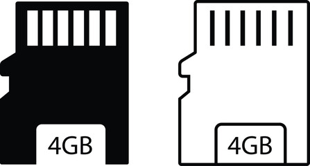 Memory card icon set in flat and outline styles. Vectors digital storage symbols collection for data save, technology backup, mobile device and multimedia designs isolated on transparent background.