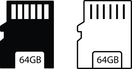 Memory card icon set in flat and outline styles. Vectors digital storage symbols collection for data save, technology backup, mobile device and multimedia designs isolated on transparent background.