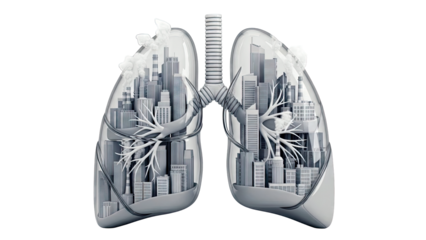 Urbanized Lungs with Cityscape and Smoke