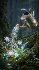 authentic human lifestyle concept Magical watering can pouring sparkling crystal water on glowing diamond flowers in a mystical enchanted forest. modern commercial stock usage