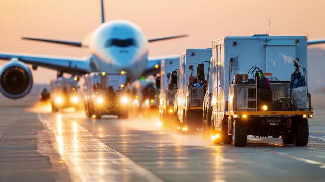 A Busy Airport Scene with Service Vehicles Moving Along the Runway in Front of an Impressive Passenger Aircraft at Dusk, Illuminated by the Warm Glow of Sunset