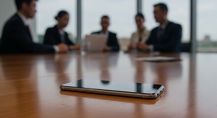 Smartphone placed on wooden conference table during blurred business meeting in bright office