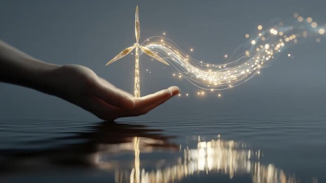 Wind Turbine in Hand: An artistic portrayal of a wind turbine formed by shimmering light gently resting in the palm of a hand, symbolizing a commitment to clean energy and sustainable practices.