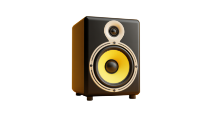 Studio sound speaker featuring a yellow woofer and a tweeter, delivering high-quality audio. Transparent background