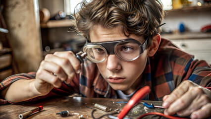 Teenage boy focused on building a robot in a workshop with tools and wires