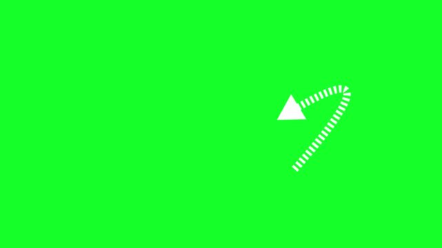 White dashed arrow pointing down and curving to the right on a green background