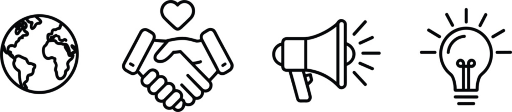 Set of linear business icons featuring global earth, partnership handshake with heart, megaphone, and lightbulb idea