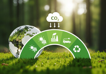 Global environmental sustainability concept with a glass earth globe and eco-friendly icons for CO2 reduction, green energy, and a cleaner future on lush moss