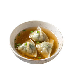 Steaming dumplings in savory broth with chives, isolated