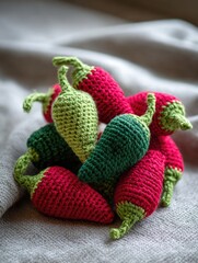 Bunch of crocheted chili peppers are sitting on a gray surface