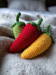 Three crochet peppers are sitting on a white blanket