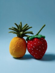 Two knitted fruits, a pineapple and a strawberry