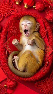 baby yellow monkey symbol of Lunar New year concept - foal sleeping in red envelops bed, symbolizing Lunar New Year greetings and Chinese zodiac animal blogs, for traditional Asian festival websites