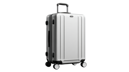 Silver hardside rolling suitcase on transparent background, carrying travel luggage for business trip or vacation