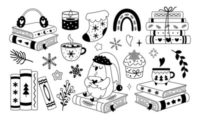 Winter books clipart set in black color, Trendy bookish doodle, Book lover stickers outline, Cartoon bookstore graphics, Cozy reading vector illustration.