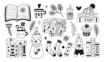 Winter books clipart set in black color, Trendy bookish doodle, Book lover stickers outline, Cartoon bookstore graphics, Cozy reading vector illustration.