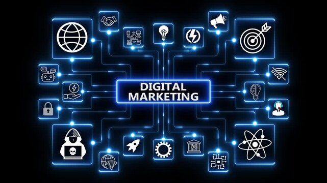 Digital marketing ecosystem illustrating multi-channel outreach, audience engagement and performance-driven growth through interconnected media touchpoints on dark background