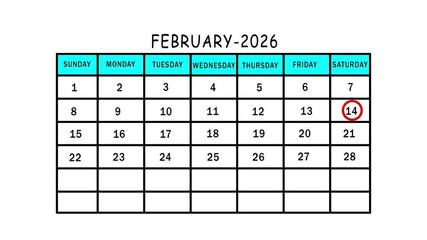 February 2026 monthly calendar planner template with the fourteenth day circled in red for important event scheduling on a white background.
