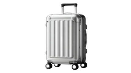 Silver hardshell suitcase, modern luggage for travel, business trip, vacation, baggage, transit, journey with transparent background