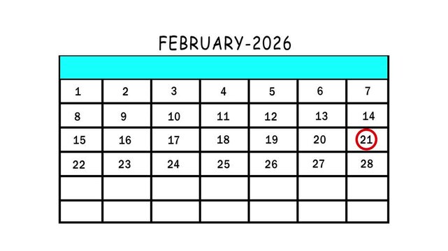 February 2026 monthly calendar planner template with the twentyone day circled in red for important event scheduling on a white background.
