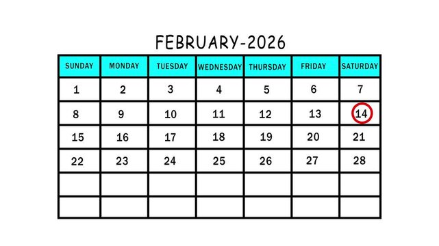 February 2026 monthly calendar planner template with the fourteenth day circled in red for important event scheduling on a white background.
