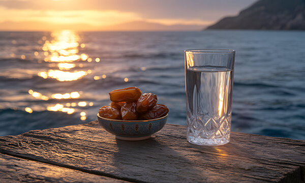 Refreshing glass of water and dates on a serene ocean dock at sunset - Powered by Adobe