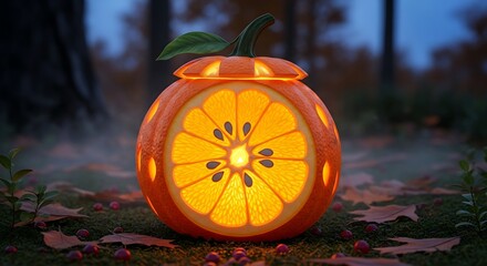 Decorative orange illuminated lantern with a slice design at dusk