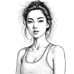 Athletic girl. Black and white line sketch portrait of a beautiful sports woman with messy hairstyle. JPEG version.