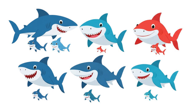 Playful cartoon shark ocean characters for kids flat vector set isolated on transparent background