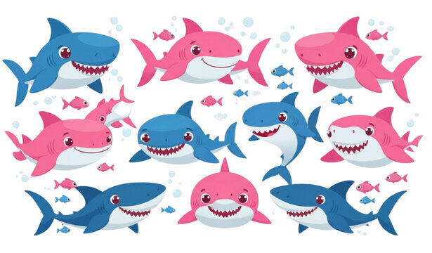 Cute funny cartoon shark family vector set with baby fish isolated on transparent background