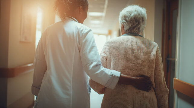Kind African American doctor comforts elderly patient with hand on shoulder while walking together down hospital hallway, offe support.