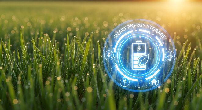 Smart energy storage concept with battery icon on green grass background - Powered by Adobe