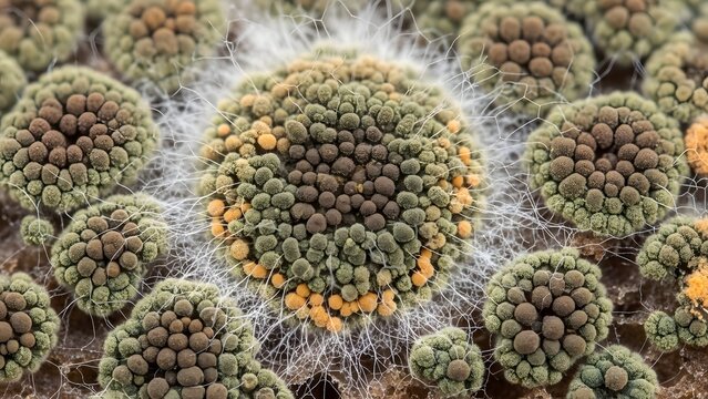 Extreme Macro of Mold Growth with Spores and Mycelium on Organic Surface