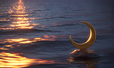 Obraz premium Golden crescent moon sculpture on rock in serene ocean water at sunset