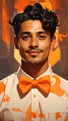 A smiling man with dark hair, a mustache, and a patterned shirt, with an orange bow tie. The background has an orange glow