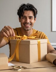 A smiling man, with dark hair, opening a wrapped gift with a golden bow. The brown box sits on craft paper