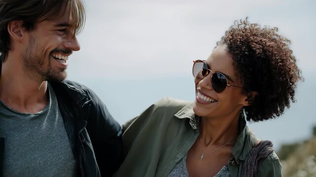 Couple enjoys laughter together while exploring nature on a sunny day, creating lasting memories during their outdoor adventure