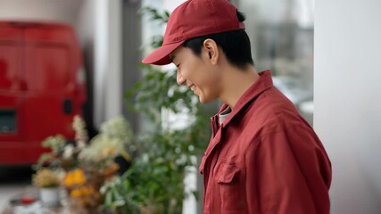 Smiling young Asian delivery person in red uniform stands confidently with arms crossed in a cozy indoor setting filled with plants and delivery items