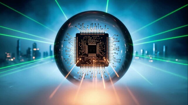 Futuristic microchip inside sphere pierced by laser beams and digital radiance, powerful visualization represents high technologies cyber security and quantum computer processing operation