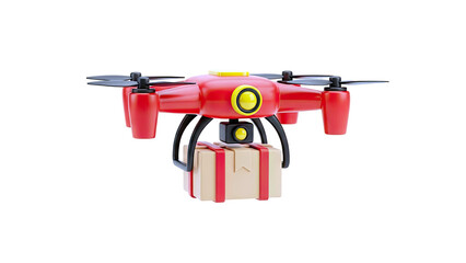 Red drone delivering a package