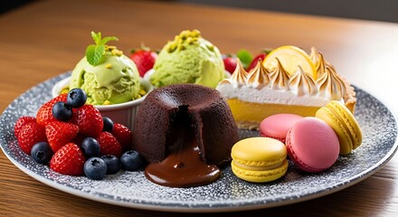 Delicious dessert arrangement on a plate with fresh fruits and ice cream