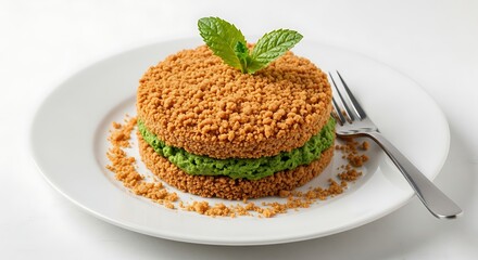 Delicious dessert on a white plate with mint garnish and a fork