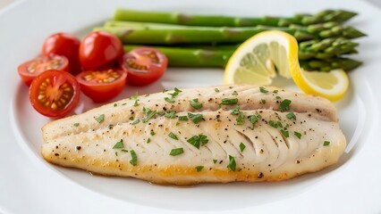 Delicious fish fillet with asparagus tomatoes and lemon on white plate