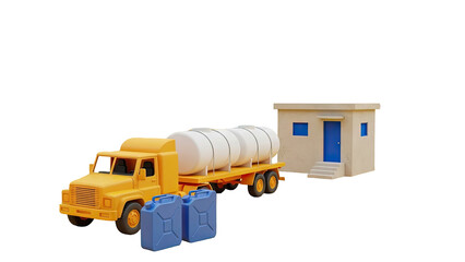 Water truck and jerrycans delivering to a small building