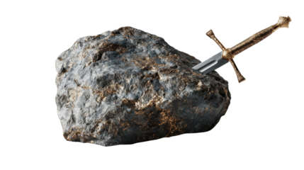 Sword of power in ancient rock on transparent background, symbolizing destiny, legend, and heroism