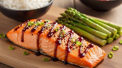 Delicious grilled salmon fillet with asparagus and rice on wooden board